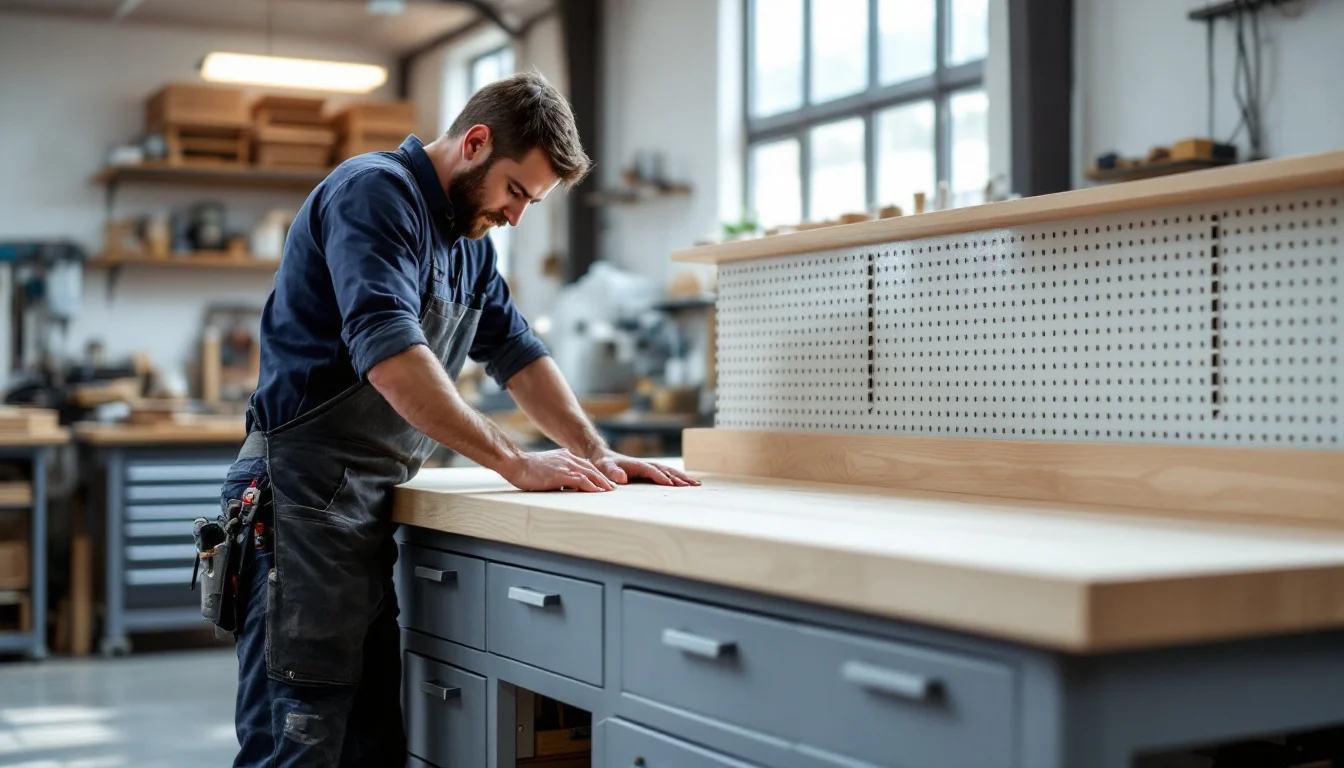 Craftsman checking the solid beech top of a bespoke workbench with grey steel drawers in a UK workshop Craftsman checking the solid beech top of a bespoke workbench with grey steel drawers in a UK workshop