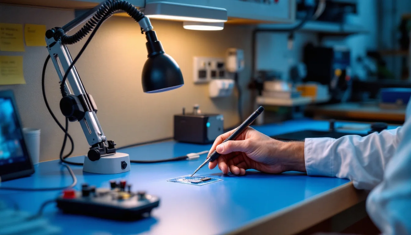 Hand soldering at an ESD workbench with a blue laminate top and task lamp Hand soldering at an ESD workbench with a blue laminate top and task lamp