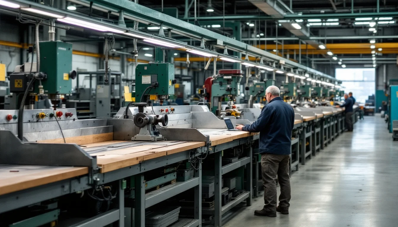 Worker using a laptop at a long line of heavy duty factory workbenches with mounted drills