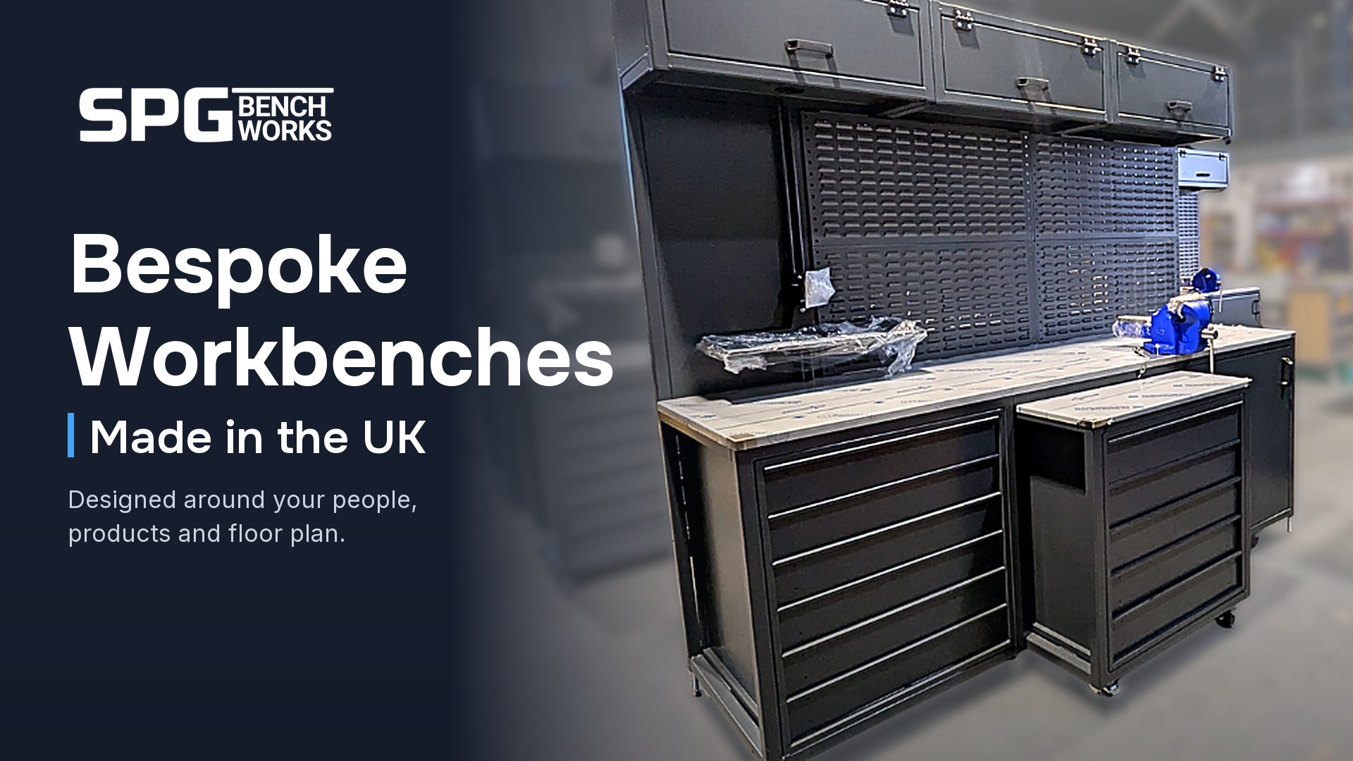 SPG Benchworks bespoke workbench with drawer units, a louvred tool panel and overhead cabinets, made in the UK